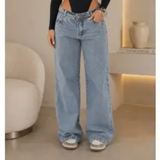 Calça Jeans Wide Leg Feminina Marmorizada Pantalona Boca Larga Cintura Alta Confortável Sofisticada
