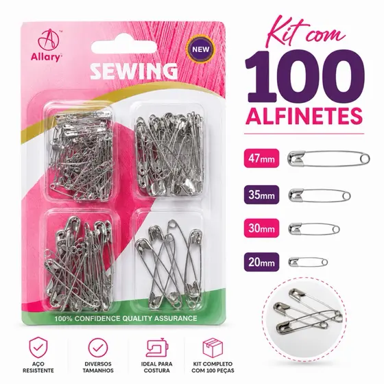 Kit com 100 Alfinetes de Segurança Sortidos – 4 Tamanhos para Costura e Artesanato
