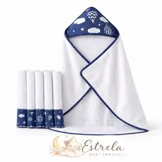 Kit Toalha de Banho Sem Forro para Bebê com Capuz Forrado + 5 Toalhinhas Higiênicas Atoalhado