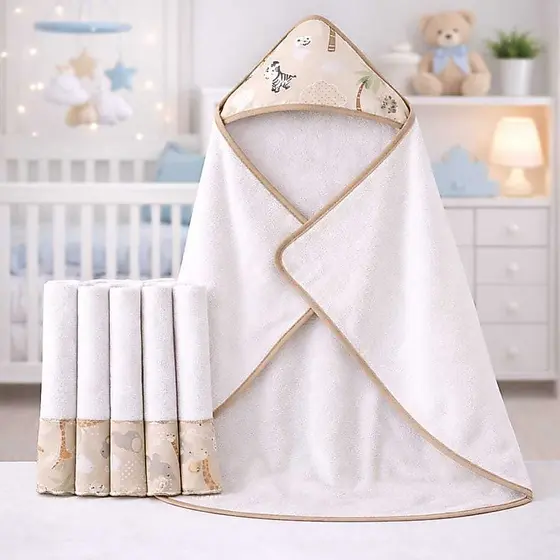 Kit Toalha de Banho para Bebê Forrada + 5 Toalhinhas de Boca Higiênicas