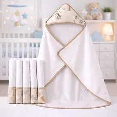 Kit Toalha de Banho para Bebê Forrada + 5 Toalhinhas de Boca Higiênicas