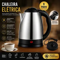 Chaleira Elétrica Inox 110V 1,8L Aço Inox Premium Base 360° Desligamento Automático café chá