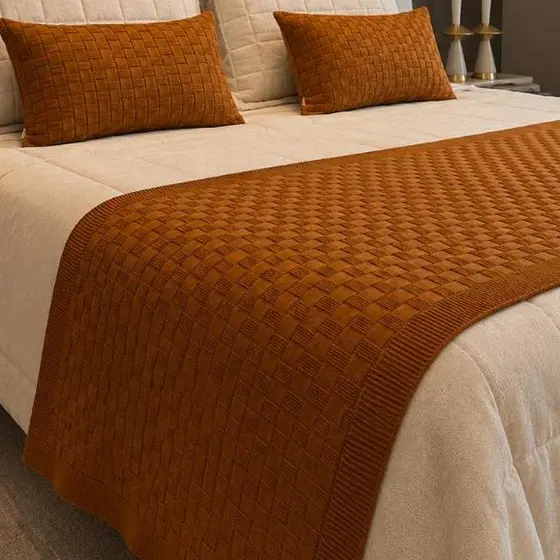 Kit Peseira Tricot Manta Trama Cesto Cama Casal Queen King + 2 Capas Almofada 30x50cm Tricot Premium