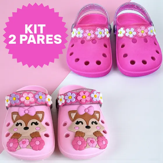 Kit 2 Pares Sandalia Infantil Papete Menina Panda Flores Raposinha Leve Confortável