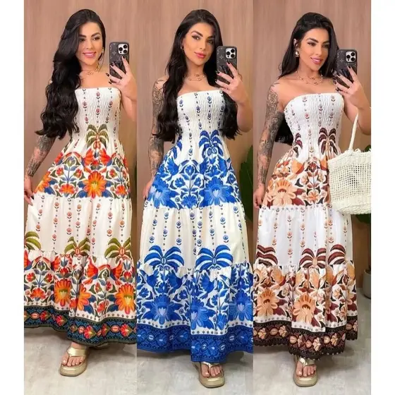 Vestido Tropical Longo Tomara que Caia Estampado – Moda Feminina 2026 ENTREGA IMEDIATO