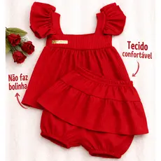 Conjunto Bebê Menina Vermelho Canelado Bata com Manga Babado e Short Saia Moderno e Confortável