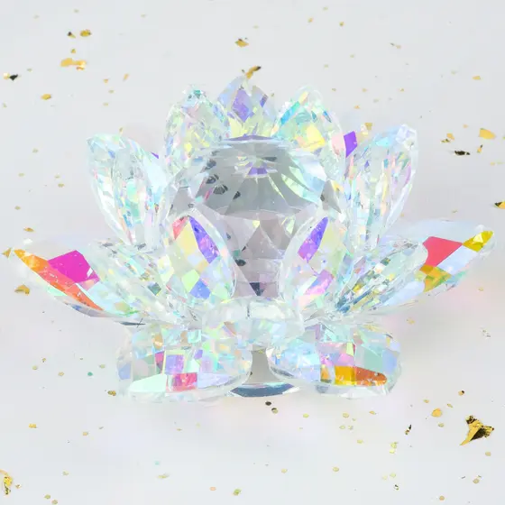 Flor de Lótus Cristal de Vidro Holográfica Colorida Iluminação Decoração Enfeite Energia Sabedoria