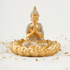 Arquétipo Incensário Buda Flor De Lótus Dourado Resina Luxo Decoração Enfeite Porta Incenso Meditação