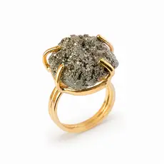 Anel Pirita Natural Regulável Banhado Ouro 18K Prosperidade Abundância Semi Joias Cristal Energético