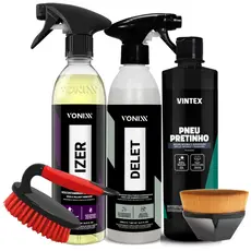 Kit Limpeza Completa de Pneus Izer + Delet + Vintex Pneu Pretinho + Escovão e Pincel Líder