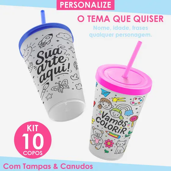 KIT Copos para colorir pintar personalizado lembrancinha aniversario infantil menina menino