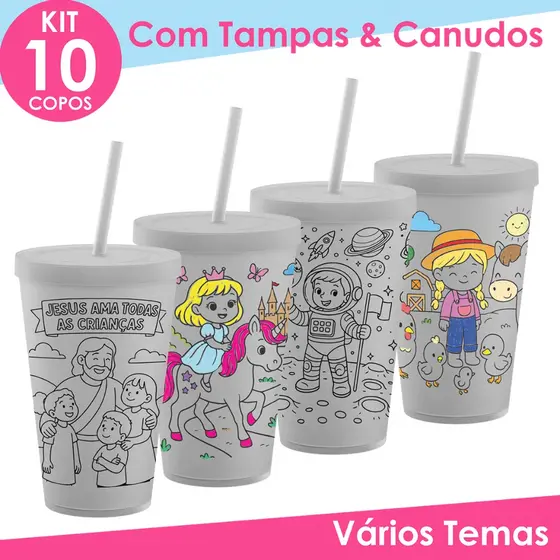 Copo de Colorir  Pintar 10un Com Tampa e Canudo Vários Temas Lembrancinha Aniversário Crianças 10Un