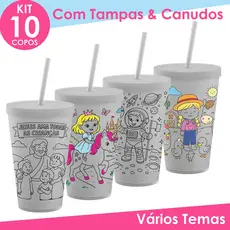 Copo de Colorir  Pintar 10un Com Tampa e Canudo Vários Temas Lembrancinha Aniversário Crianças 10Un