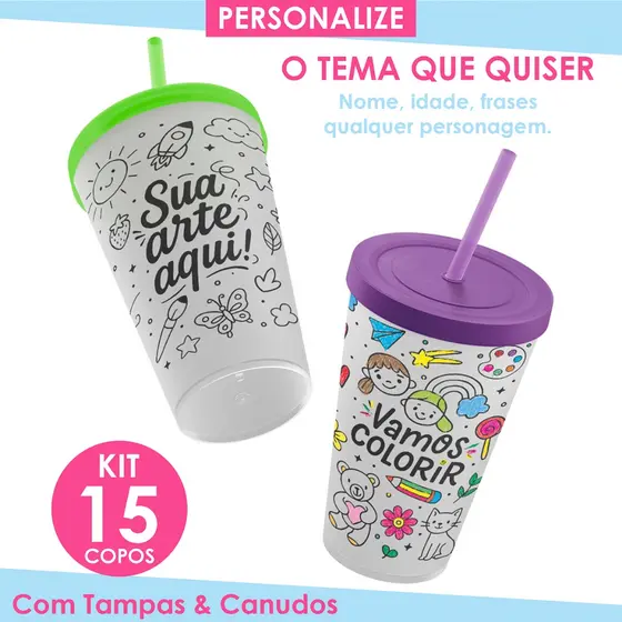 KIT Copos para colorir pintar personalizado lembrancinha aniversario brinde infantil educativo