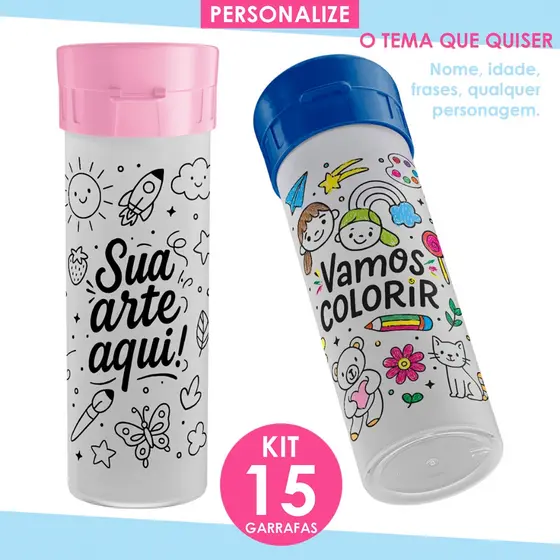 Garrafa de água de colorir pintar personalizada infantil lembrancinha copos aniversário squeeze KIT
