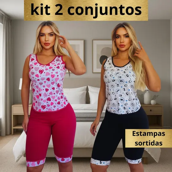Kit Com 2 Conjuntos Pijamas Pescador Regata Malha} 100% Algodão Babydool  Feminino Confortável Verão