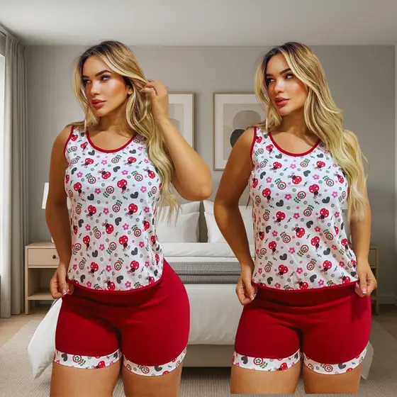 Conjunto Pijamas de Regata Malha} 100% Algodão Babydool Feminino Dormi Short Dool Confortável Verão