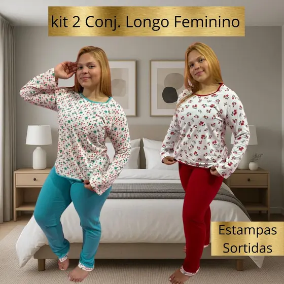 Kit 2 Pijamas Feminino Inverno Malha 100% Algodao Calça Manga Longa Frio Confortavel Babydool Dormir