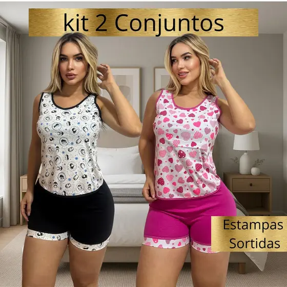 Kit 2 Pijamas Feminino Regata Malha 100% Algodão Babydool Feminino Dormir Confortável Verão