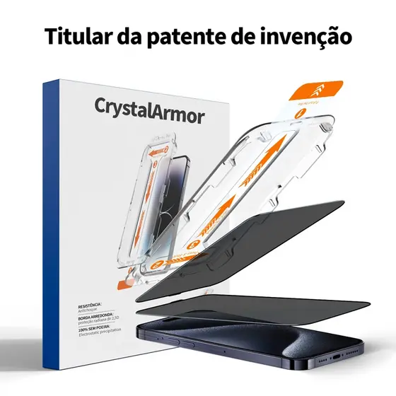 CrystalArmor Kit com 2 Película 3d  9H Privacidade Aplicador iPhone18 Pro Max 17/16/15/14/13/12/11/XR/XS/X