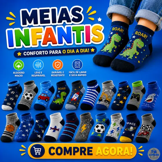 Kit Meia Infantil 6 até 24 pares de Meias Infantil Masculina Coloridas Estampadas Com Algodão Macio e Confortável