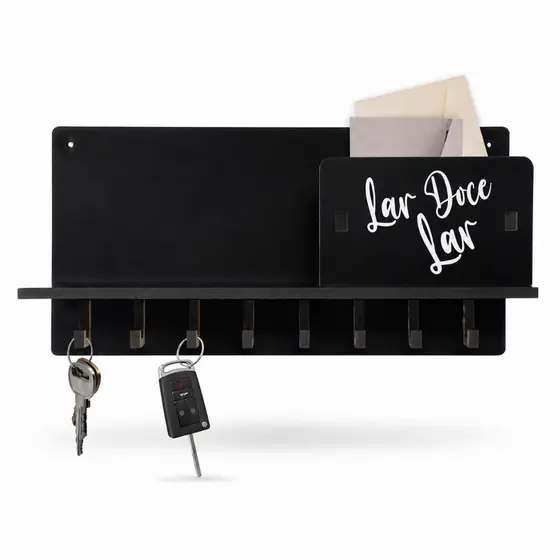 Porta Chaves Lar Doce Lar de Parede com Suporte para Cartas 8 Ganchos Decorativo MDF
