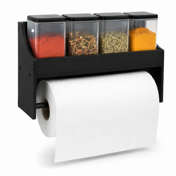 Porta Temperos MDF Preto com Suporte Papel Toalha 27cm Organizador Cozinha Parede ou Bancada Compacto