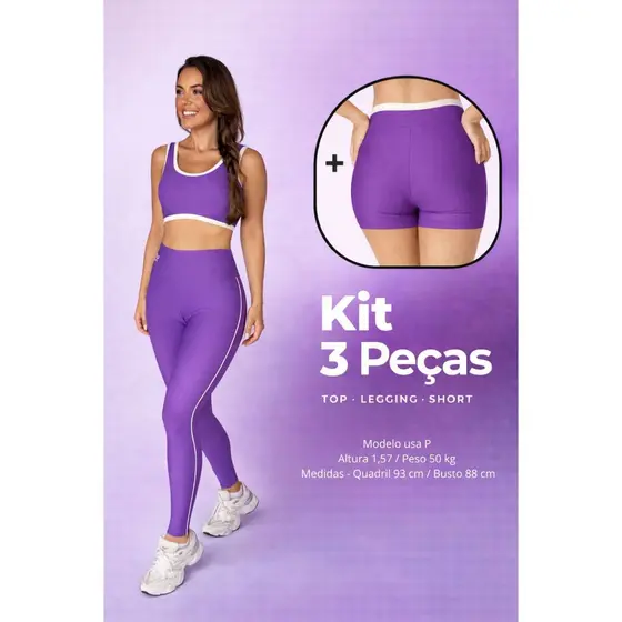 KIT 3 PEÇAS TOP, SHORTS E LEG ROXO cor contrastante