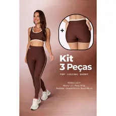 KIT 3 PEÇAS TOP, SHORTS E LEG  MARROM cor contrastante