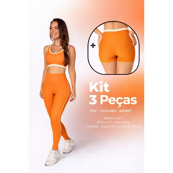 kit 3 peças Top Shorts e Leg laranja com cor contrastante