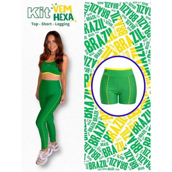 KIT 3 PEÇAS TOP, SHORTS LEG COPA DO MUNDO VERDE