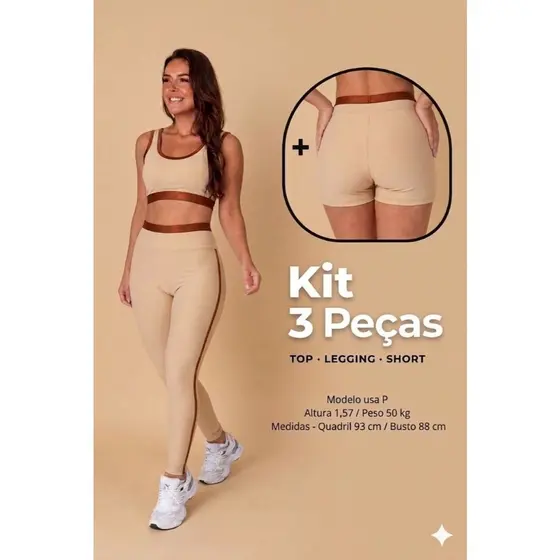 KIT 3 PEÇAS TOP, SHORTS E LEG BEGE cor contrastante
