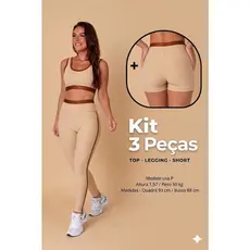KIT 3 PEÇAS TOP, SHORTS E LEG BEGE cor contrastante