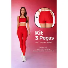 kit 3 peças vermelho top, shorts e leg cintura alta