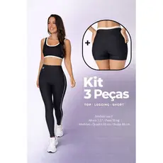 KIT 3 PEÇAS TOP, SHORTS E LEG PRETO cor contrastante