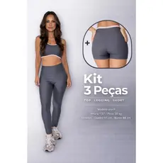 KIT 3 PEÇAS TOP, SHORTS E LEG CINZA cor contrastante