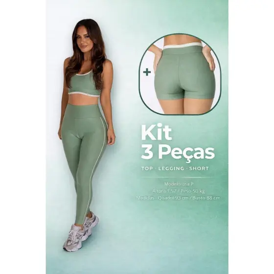 KIT 3 PEÇAS TOP, SHORTS E LEG MENTA cor contrastante