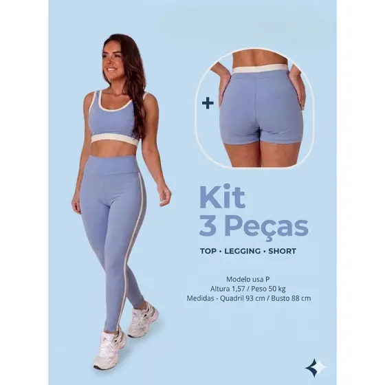 KIT 3 PEÇAS TOP, SHORTS E LEG CÉU cor contrastante