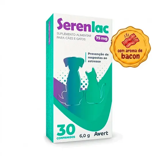 Serenlac 75mg Suplemento Alimentar Avert 30 comprimidos Reduz o Estresse Caes e Gatos