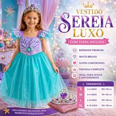 Vestido Sereia Luxo Infantil com Tiara | Fantasia Princesa Premium Festa Aniversário 2 a 10 Anos