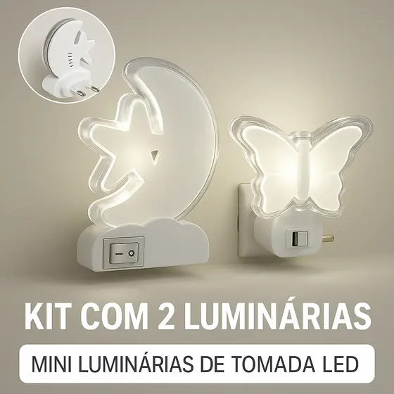 1/2 ou 3 Mini Luminárias LED Lua Estrela e Borboleta Bivolt – Abajur Tomada Quarto Criança Suave