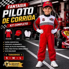 Fantasia Piloto de Corrida Infantil Completa Macacão Boné Luvas Cosplay Festa Tamanhos P ao G