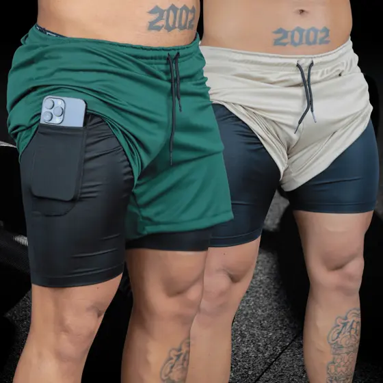 KIT 2 Shorts 2 em 1 Bermuda Dupla Academia Com Bolso Interno Nvidade