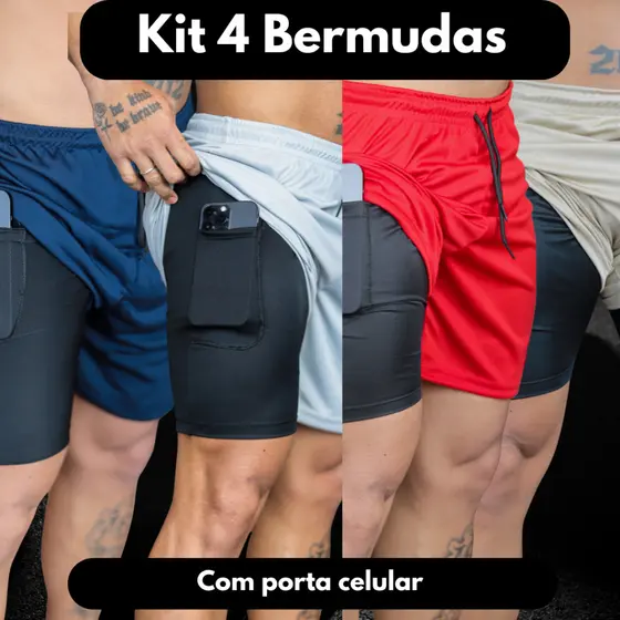 Kit 4 Bermudas 2 em 1 Academia Verão Fitness Corrida