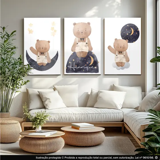 Kit Quadro Decortativo 120x60 Sala Quarto Infantil Personalizado Ursinho Lua Menino Alta Qualidade