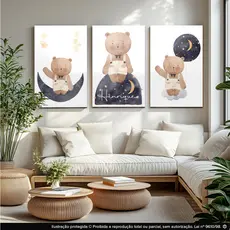 Kit Quadro Decortativo 120x60 Sala Quarto Infantil Personalizado Ursinho Lua Menino Alta Qualidade
