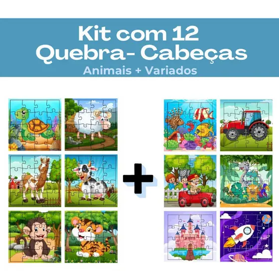 Kit 12 jogos quebra cabeça infantil em madeira mdf 16 peças cada (12 unidades) LUXO