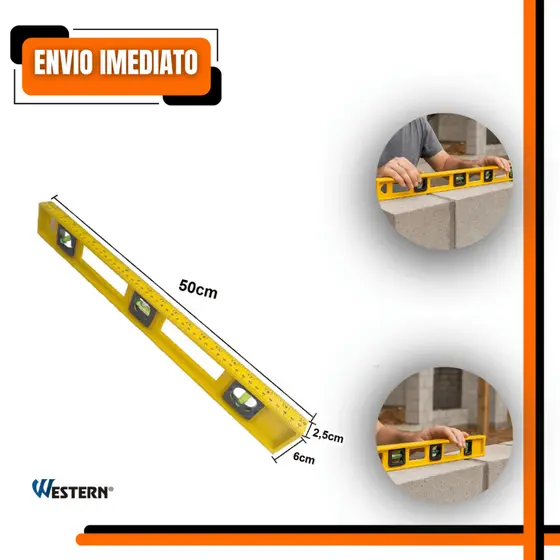 Nível  50 cm 3 Bolhas Western HT-20 Amarelo Ferramenta Construção Precisa