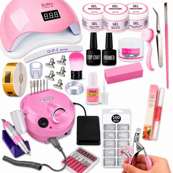 Kit Unhas em Gel Completo Profissional Manicure Cabine Sun5 Lixadeira Porquinho