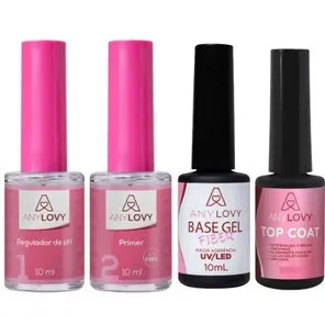 Kit Anylovy Regulador de PH + Primer Sem Ácido + Base Gel Fiber + Top Coat Nail Digner Unhas